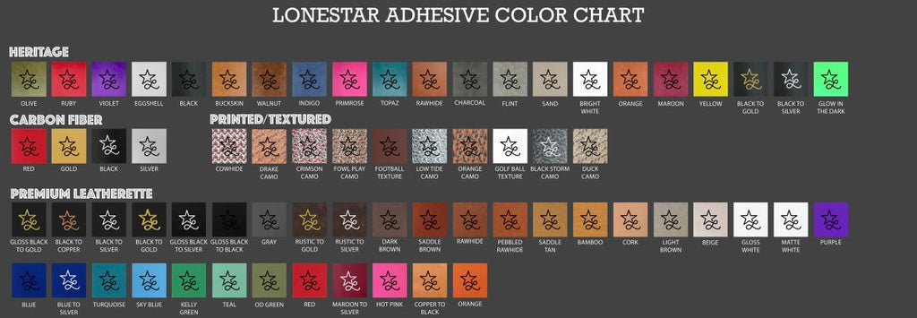 Color chart for Lonestar Adhesive with various color swatches on a dark background